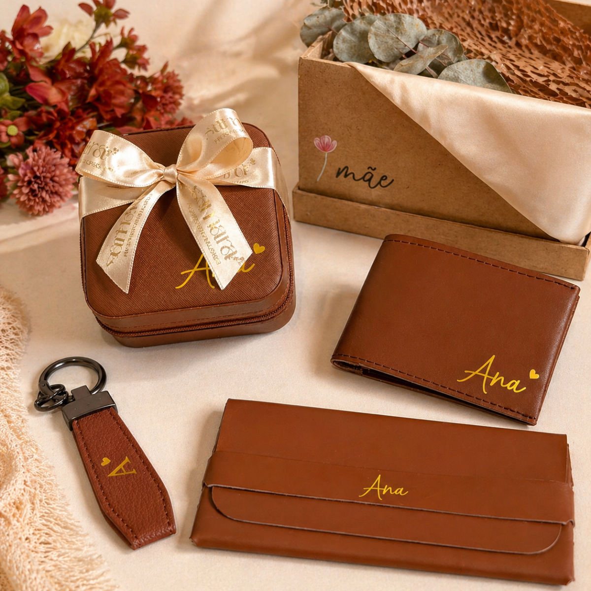 Kit Porta-joias + Case para óculos + Chaveiro + Porta-cartão