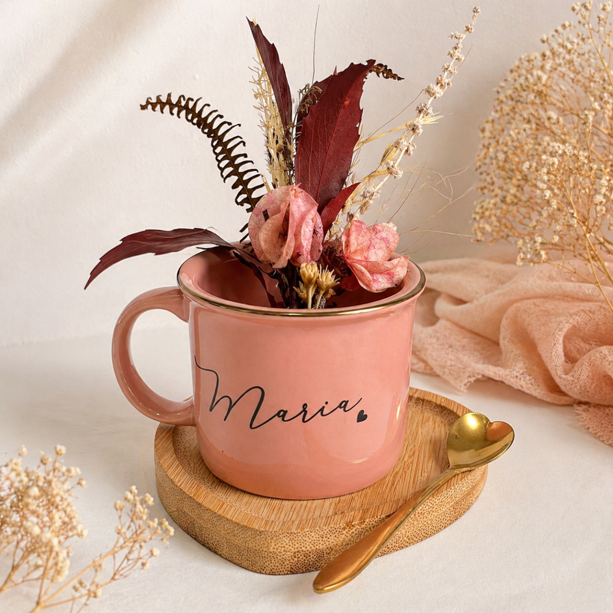 Kit Caneca rosa com borda dourada + Bombons Lindt