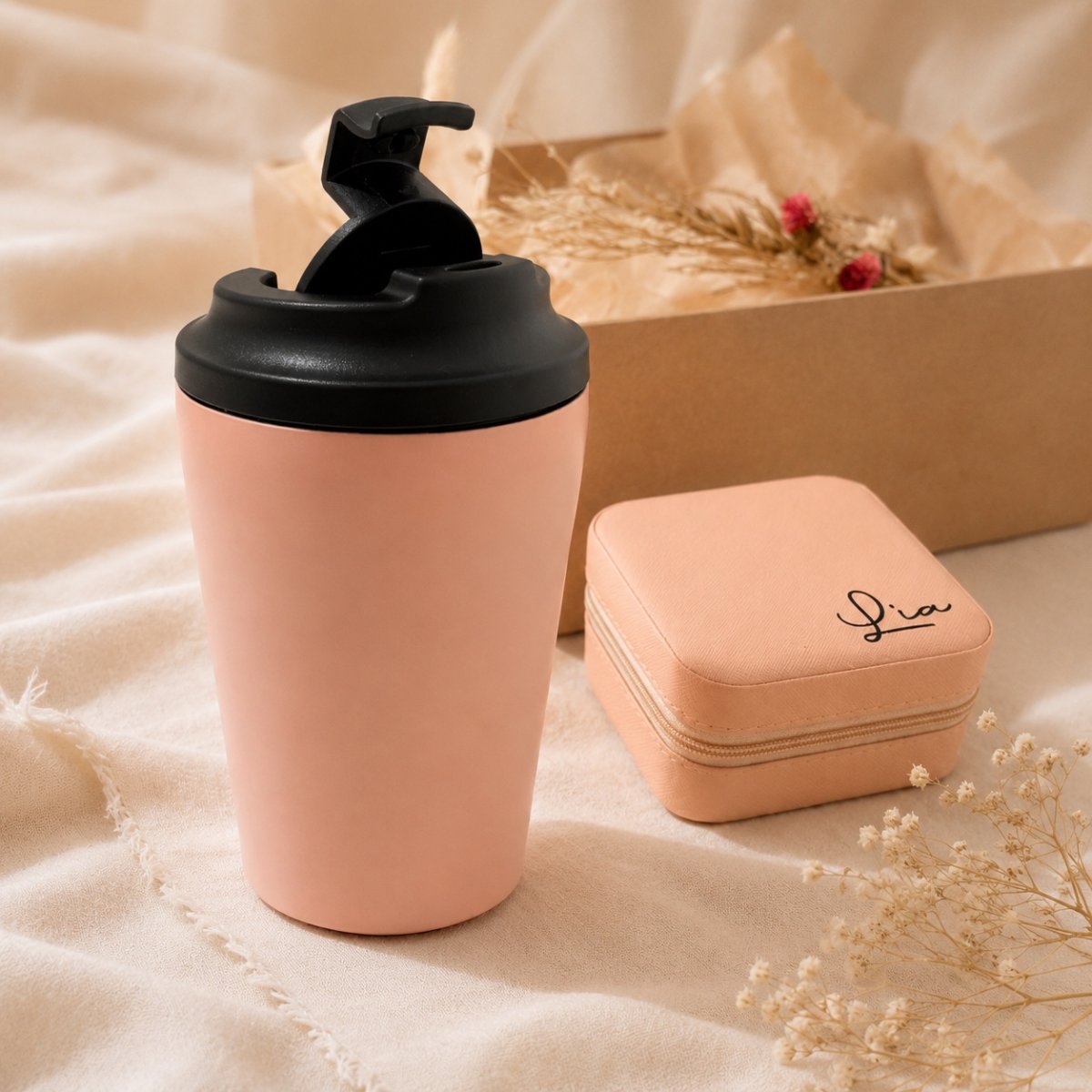 Kit Copo Térmico + Porta-joias + Carteira com Zíper